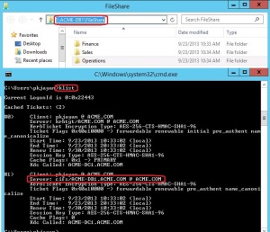 List of Kerberos tickets in the Kerberos tray while accessing file server